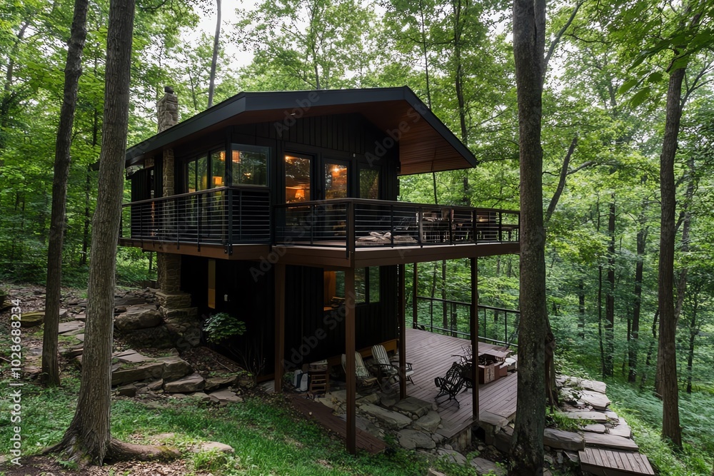 Eye-level view of a serene forest cabin, surrounded by towering, whimsical trees, minimalistic charm Eye-level view of a serene forest cabin, surrounded by towering, whimsical trees, minimalistic charm