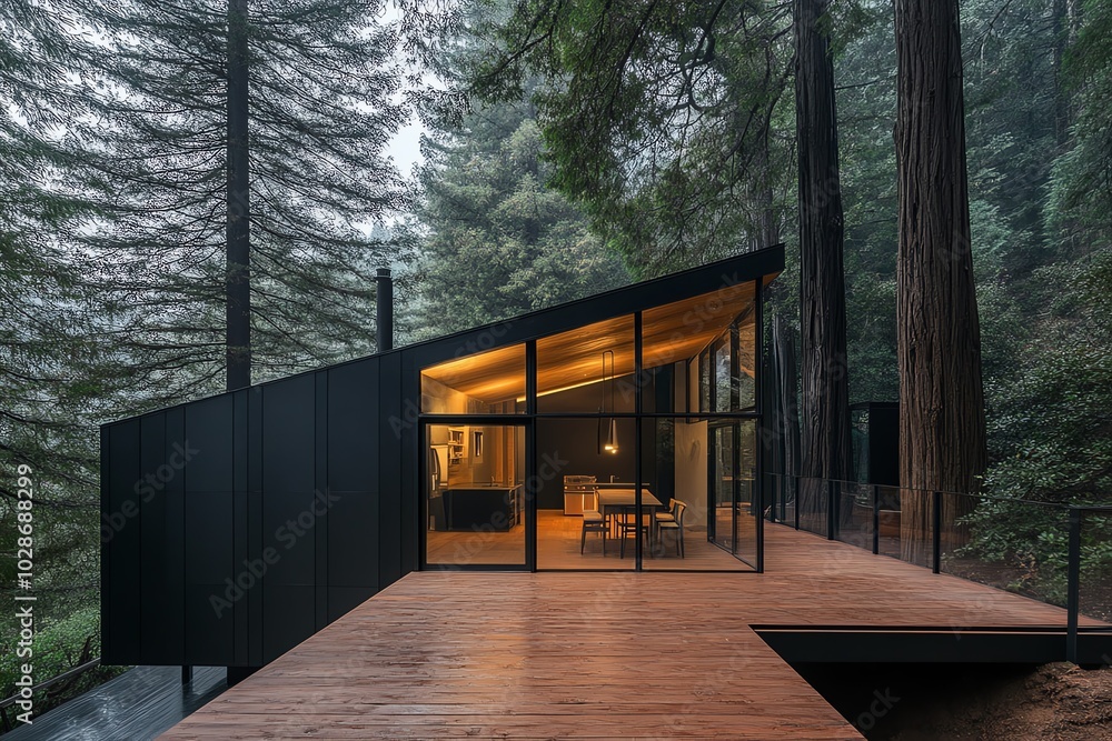 Eye-level view of a serene forest cabin, surrounded by towering, whimsical trees, minimalistic charm Eye-level view of a serene forest cabin, surrounded by towering, whimsical trees, minimalistic charm