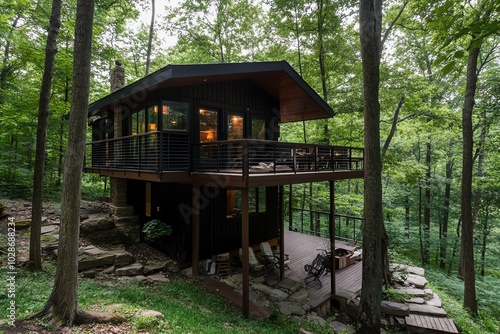 Eye-level view of a serene forest cabin, surrounded by towering, whimsical trees, minimalistic charm