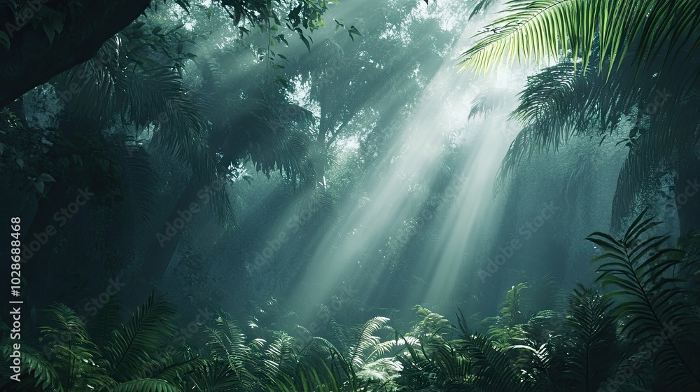 Serene Rainforest with Towering Ferns and Misty Light Serene Rainforest with Towering Ferns and Misty Light