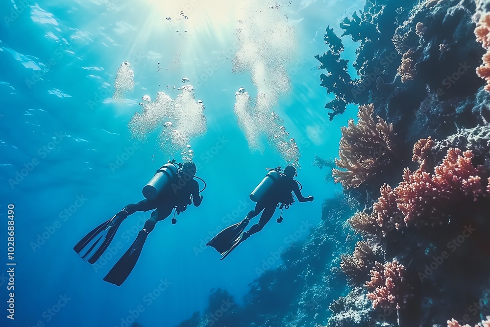 Two scuba divers exploring coral reef Two scuba divers exploring coral reef
