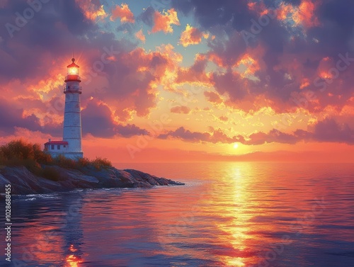 lighthouse standing majestically by the ocean at sunset, casting warm hues of orange and pink across the sky, reflecting on the tranquil water, evoking a sense of calm and adventure