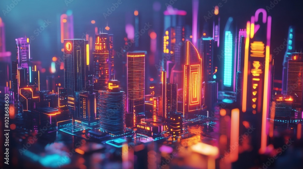Vibrant 3D City with Financial Symbols Vibrant 3D City with Financial Symbols