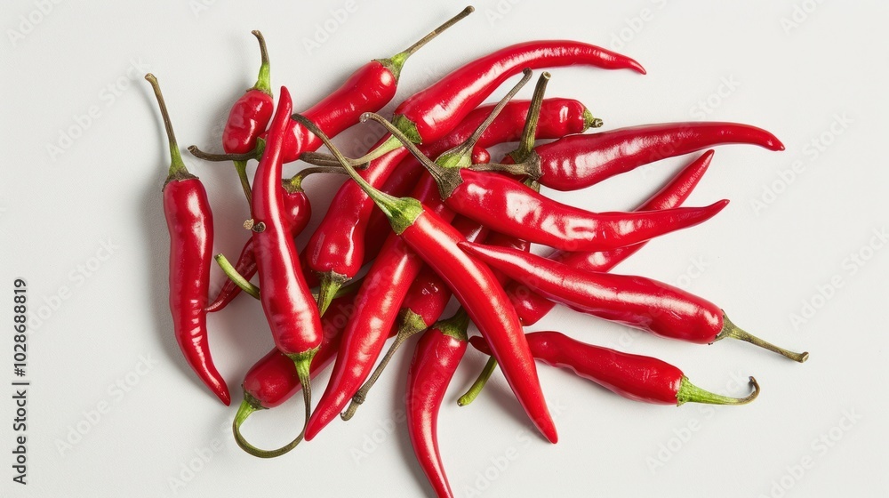 A Cluster of Bright Red Chili Peppers on a White Background A Cluster of Bright Red Chili Peppers on a White Background