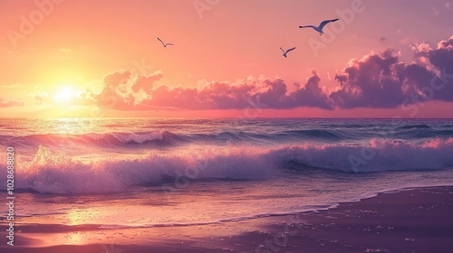 Serene Sunset at Peaceful Beach with Soft Waves