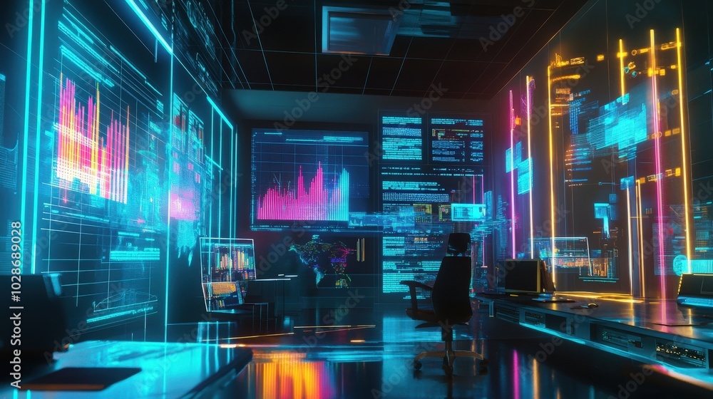 An office setting where glowing holographic charts display business performance metrics, AI-driven data analytics, and futuristic interfaces for decision-making An office setting where glowing holographic charts display business performance metrics, AI-driven data analytics, and futuristic interfaces for decision-making