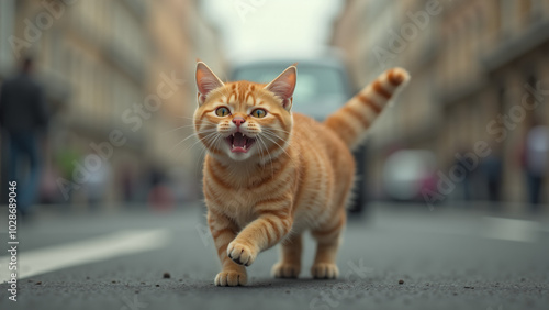 Playful Scene of a Cat Caught in Urban Traffic, Looking Away from the Chaos photo