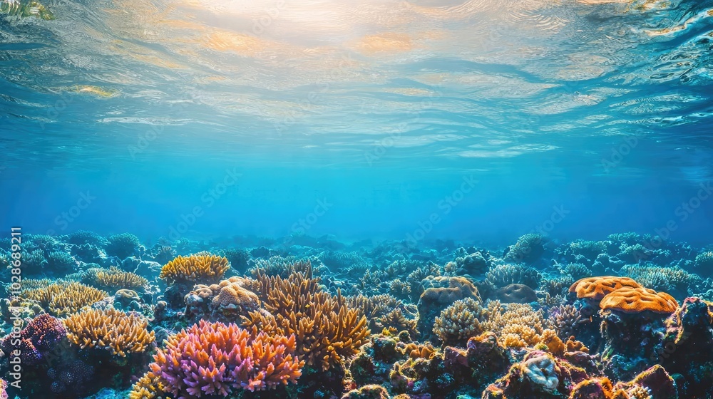 Naklejka premium Vibrant coral reef underwater with sun rays filtering through clear water.