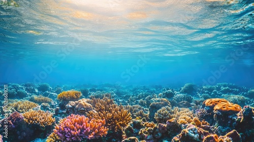 Vibrant coral reef underwater with sun rays filtering through clear water.