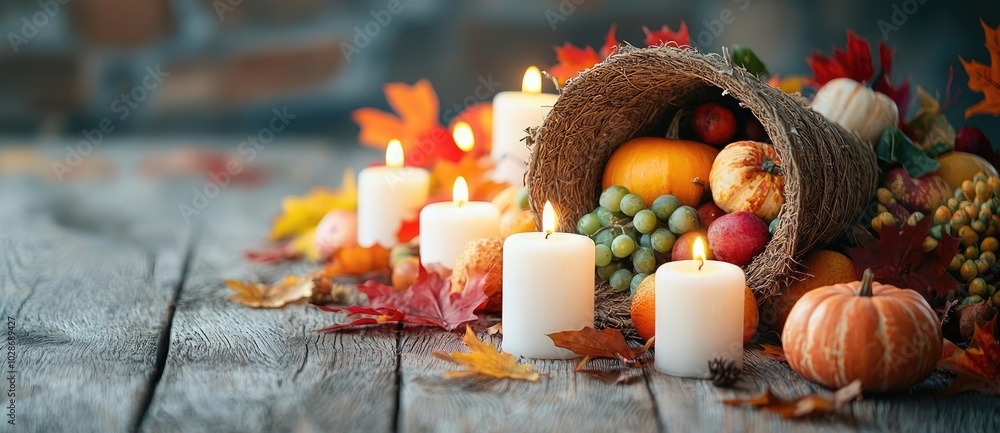 Thanksgiving cornucopia with fruits and pumpkins, soft candlelight ambiance. Thanksgiving cornucopia with fruits and pumpkins, soft candlelight ambiance.