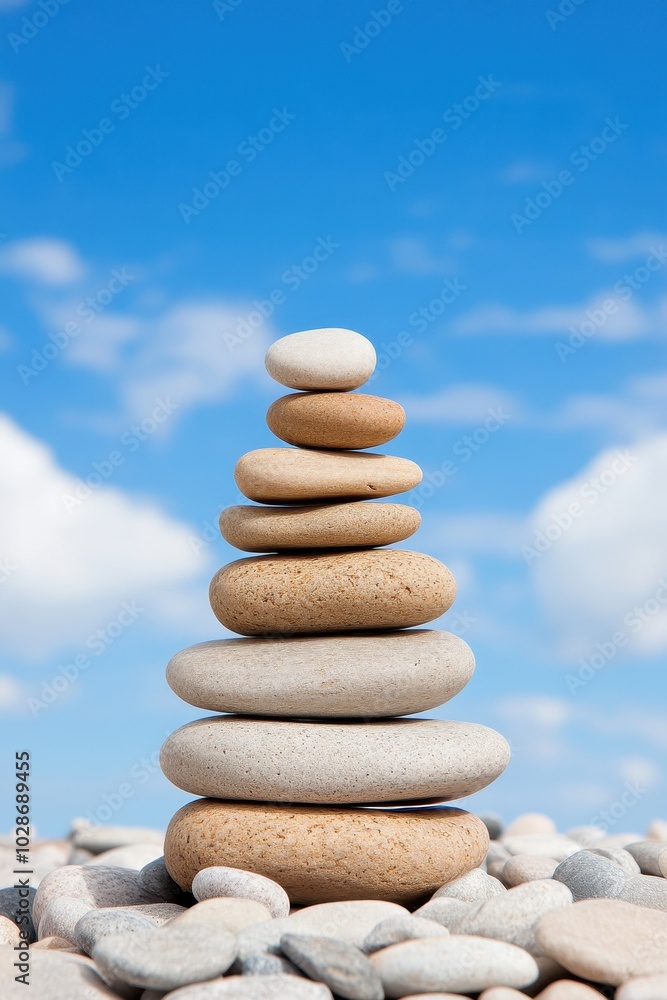Stacked stones against a blue sky backdrop Stacked stones against a blue sky backdrop