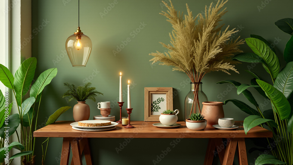 A Cozy Corner Table with Artistic Decor Surrounded by Lush Plants in a Stylish Interior Space A Cozy Corner Table with Artistic Decor Surrounded by Lush Plants in a Stylish Interior Space