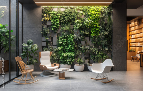 A stylish urban living space with an indoor garden, featuring plants in large planters and green walls