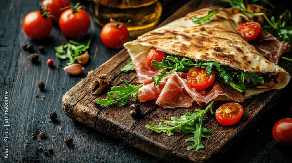 Rustic Wooden Board with Fresh Ingredients and Ham Rustic Wooden Board with Fresh Ingredients and Ham