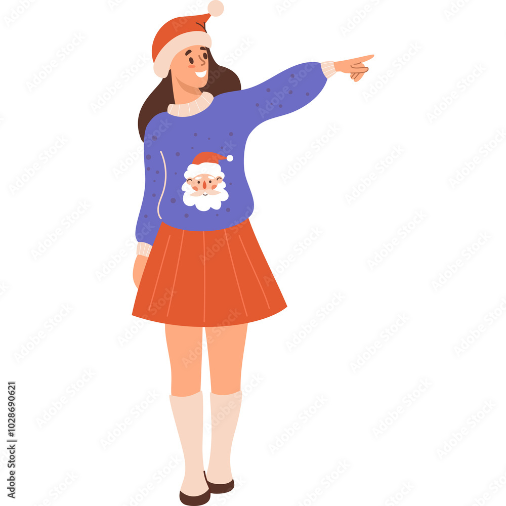 Happy woman in Santa hat and Christmas sweater Happy woman in Santa hat and Christmas sweater