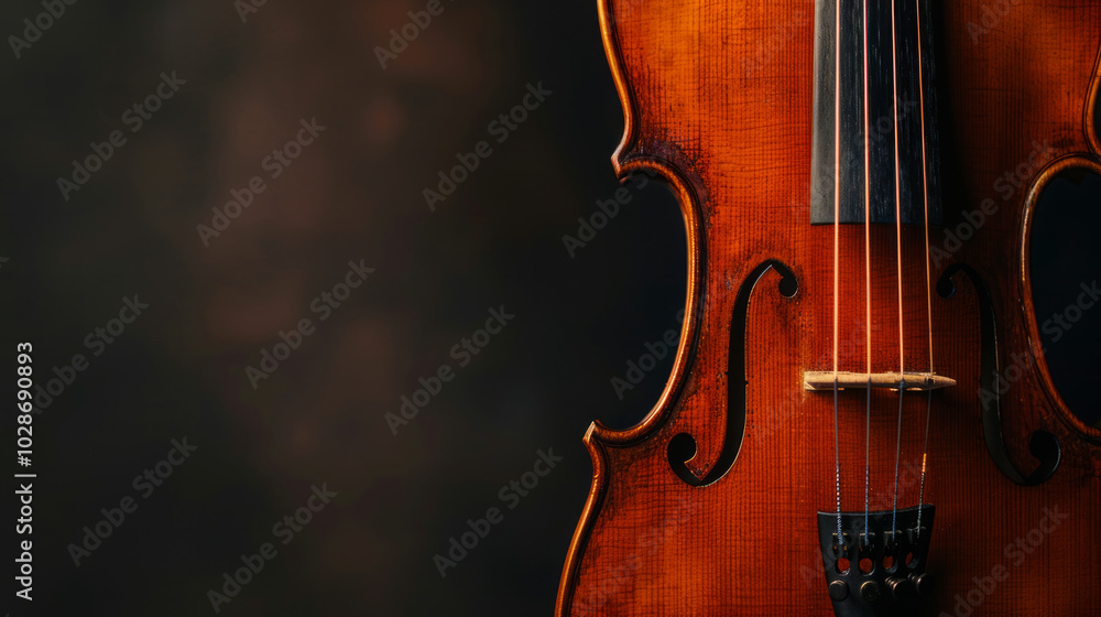 Close-up of violin strings highlighting craftsmanship and elegance with ample copy space for creative projects Close-up of violin strings highlighting craftsmanship and elegance with ample copy space for creative projects
