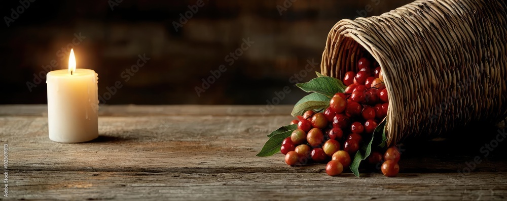 Colorful fruits spilling from a woven basket beside a lit candle on a rustic table.