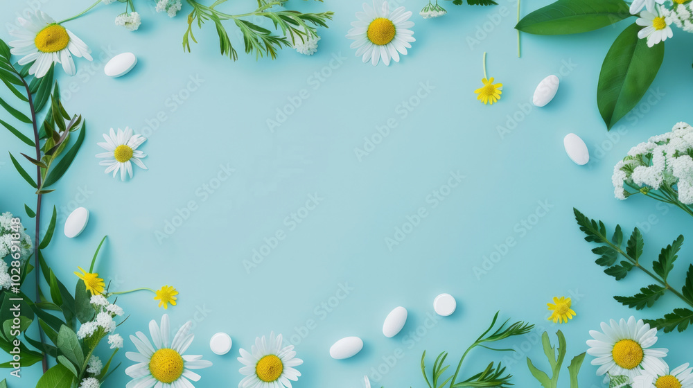 Obraz premium Floral arrangement showcasing herbal elements and tablets ideal for pharmacy promotion on a light blue background