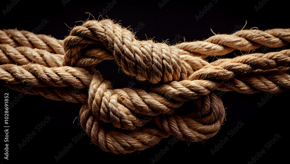Intricate Knot of Strength: A Close-Up of a Thick, Tightly Tied Rope Made from Natural Jute and Hemp Fibers, Showcasing Rough Texture, Visible Fibers, and Detailed Craftsmanship Against a Dark Intricate Knot of Strength: A Close-Up of a Thick, Tightly Tied Rope Made from Natural Jute and Hemp Fibers, Showcasing Rough Texture, Visible Fibers, and Detailed Craftsmanship Against a Dark