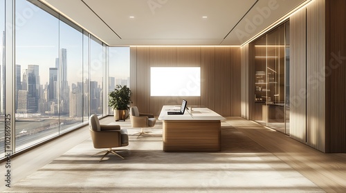 Wallpaper Mural Modern Office Design with Stunning City Views, Wooden Walls, and Elegant Furnishings Torontodigital.ca