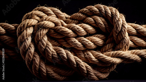 Intricate Knot of Strength: A Close-Up of a Thick, Tightly Tied Rope Made from Natural Jute and Hemp Fibers, Showcasing Rough Texture, Visible Fibers, and Detailed Craftsmanship Against a Dark