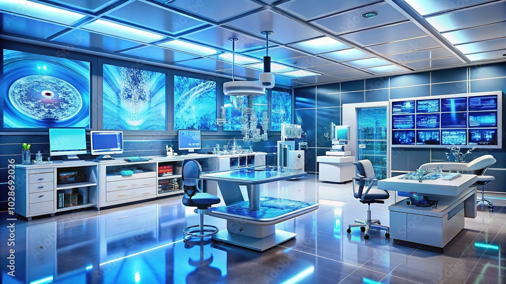 Futuristic Medical Lab: Cutting-Edge Technology for Healthcare Research, Digital Monitors, Automated Testing Equipment, Centrifuges, Advanced Medical Research Facility, Innovation in Healthcare Futuristic Medical Lab: Cutting-Edge Technology for Healthcare Research, Digital Monitors, Automated Testing Equipment, Centrifuges, Advanced Medical Research Facility, Innovation in Healthcare