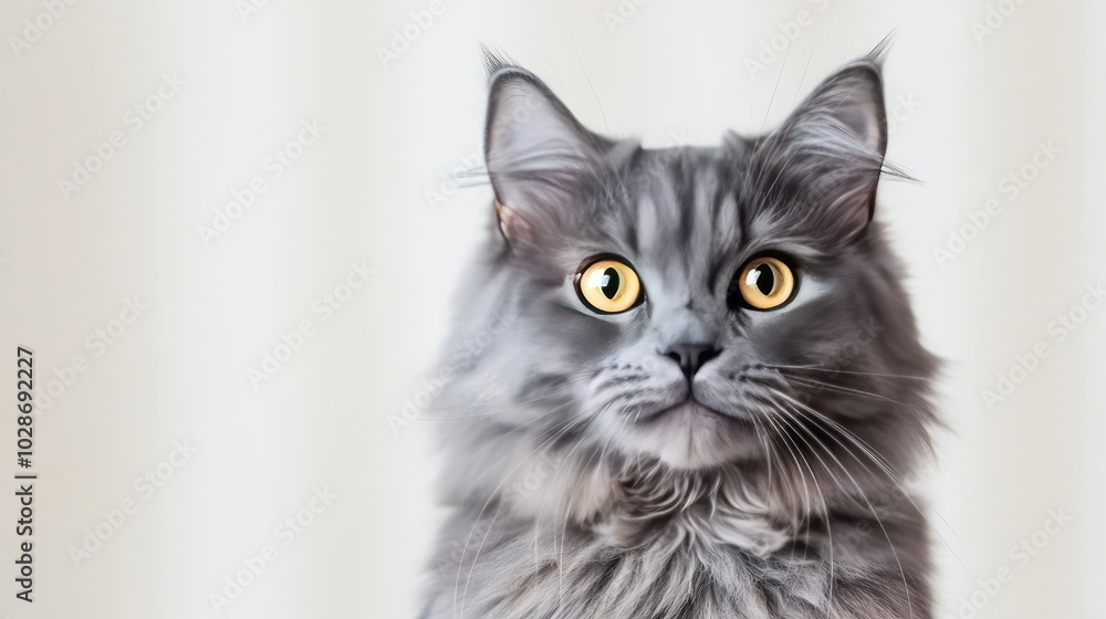 Obraz premium Gray cat with striking yellow eyes, isolated on a white background.