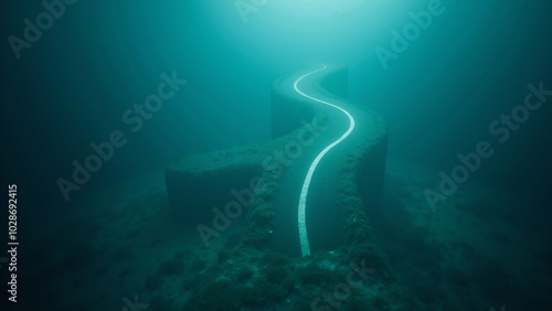 Intriguing Scene of a White Curve Road Sign Submerged in Water Surrounded by Underwater Life photo