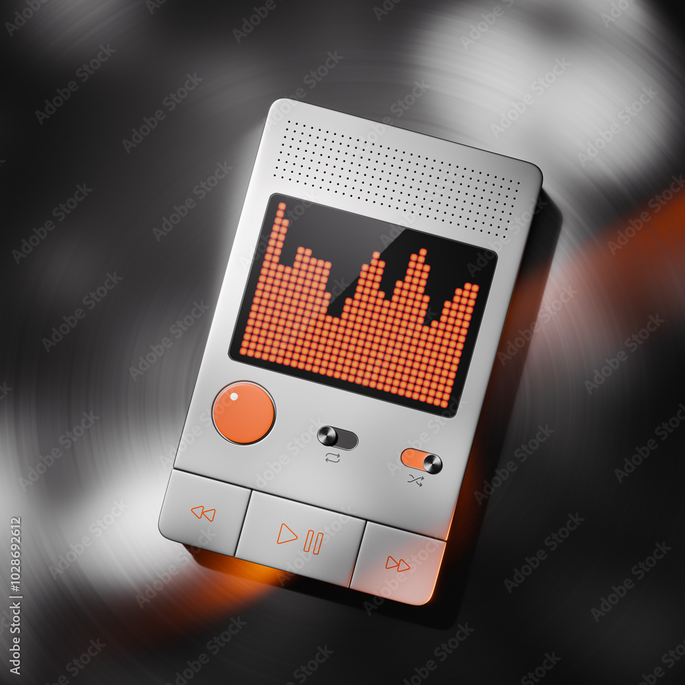 3D rendered mock-up of a concept of a modern digital music player featuring an interactive orange equalizer display.