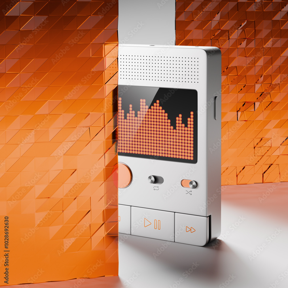 3D rendered mock-up of a concept of a modern digital music player featuring an interactive orange equalizer display.