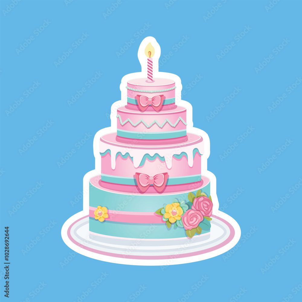 Sticker of beautiful colorful four tier Birthday cake with candle, pink bow and flowers. Poster, Banner, Flyer, Greeting Card. Vector illustration in flat cartoon style. Sticker of beautiful colorful four tier Birthday cake with candle, pink bow and flowers. Poster, Banner, Flyer, Greeting Card. Vector illustration in flat cartoon style.