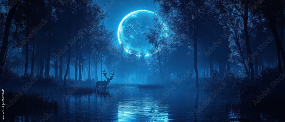 Obraz premium Futuristic night landscape with abstract landscape and island, moonlight, shine. Dark natural scene with reflection of light in the water, neon blue light. Dark neon background. 3D illustration