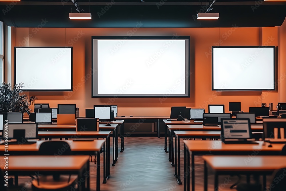 Empty Classroom with Desks, Computers, and a Projector Screen Ready for Learning Empty Classroom with Desks, Computers, and a Projector Screen Ready for Learning