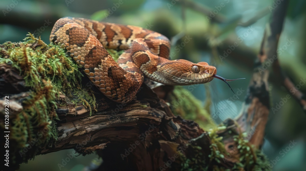 Fototapeta premium A Close-Up of a Brown Snake with a Forked Tongue on a Moss-Covered Branch