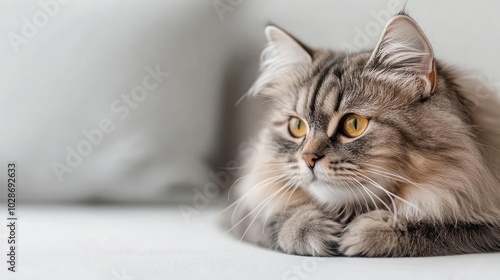 Fluffy cat resting on a sofa, showcasing its beautiful fur and curious expression.