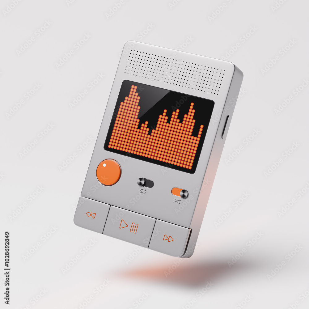 3D rendered mock-up of a concept of a modern digital music player featuring an interactive orange equalizer display.