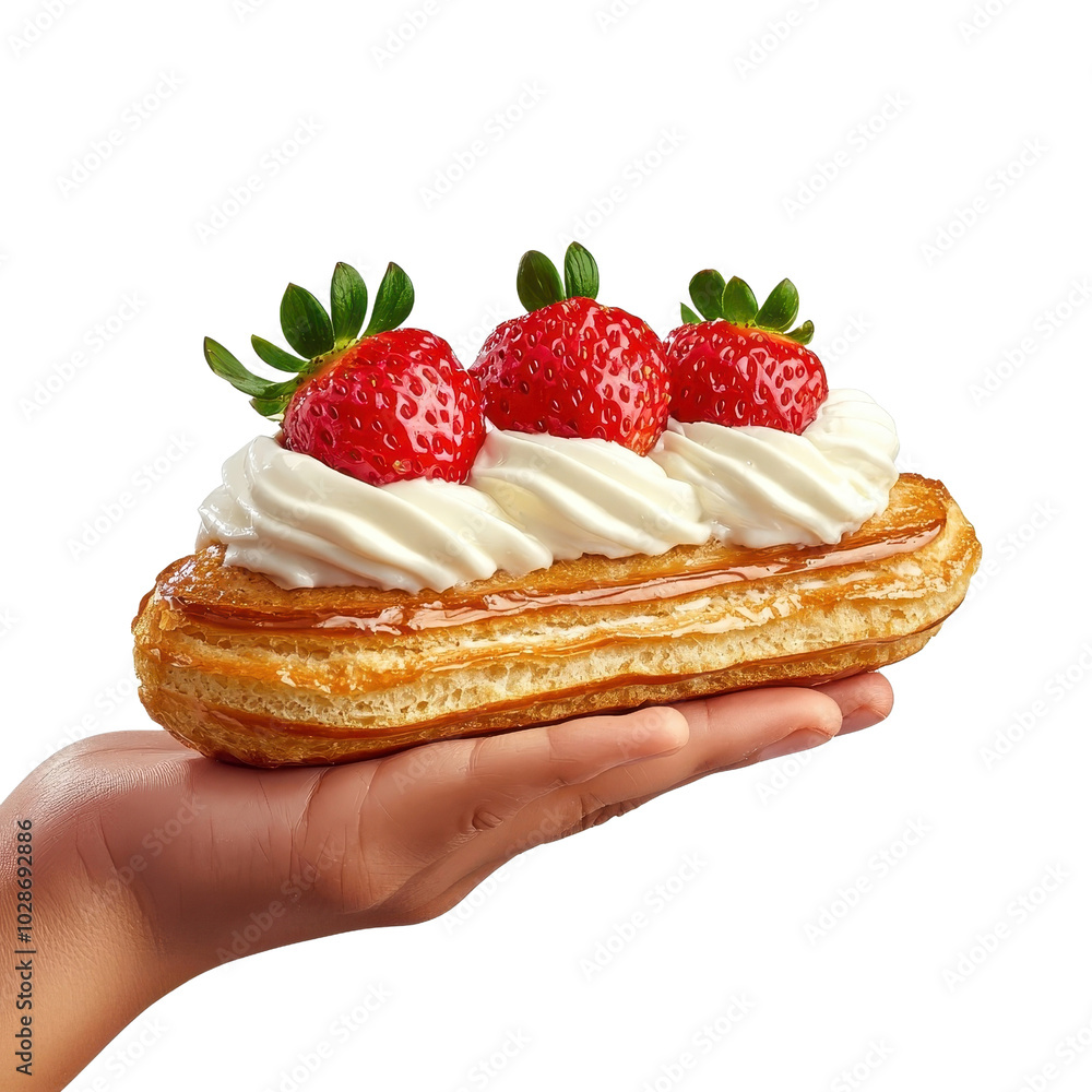 Holding strawberry éclair, isolated on a white background, showcasing its creamy, fruity filling. cutout png Holding strawberry éclair, isolated on a white background, showcasing its creamy, fruity filling. cutout png