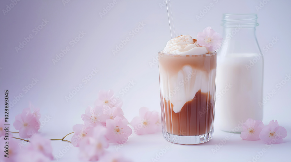 Creamy latte smoothie topped with whipped cream, presented with pink floral decor, beverage for brunch gatherings, sweet drink background for National Coffee Day and National Latte Day Creamy latte smoothie topped with whipped cream, presented with pink floral decor, beverage for brunch gatherings, sweet drink background for National Coffee Day and National Latte Day