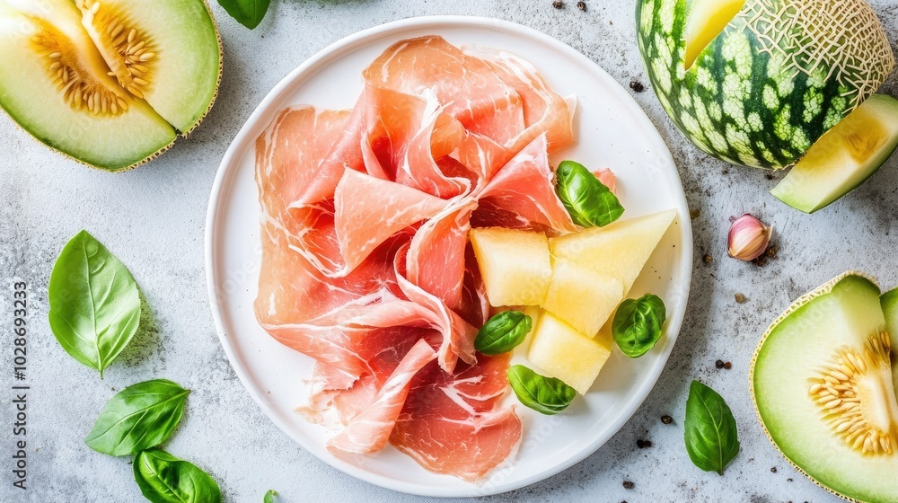Thinly Sliced Prosciutto with Melon and Basil Garnish Thinly Sliced Prosciutto with Melon and Basil Garnish