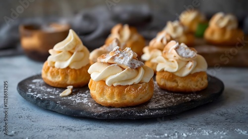 Gourmet cream puffs with rich creamy filling, pastries for afternoon tea or coffee breaks, dessert food print for National Cream Puff Day and National Pastry Day