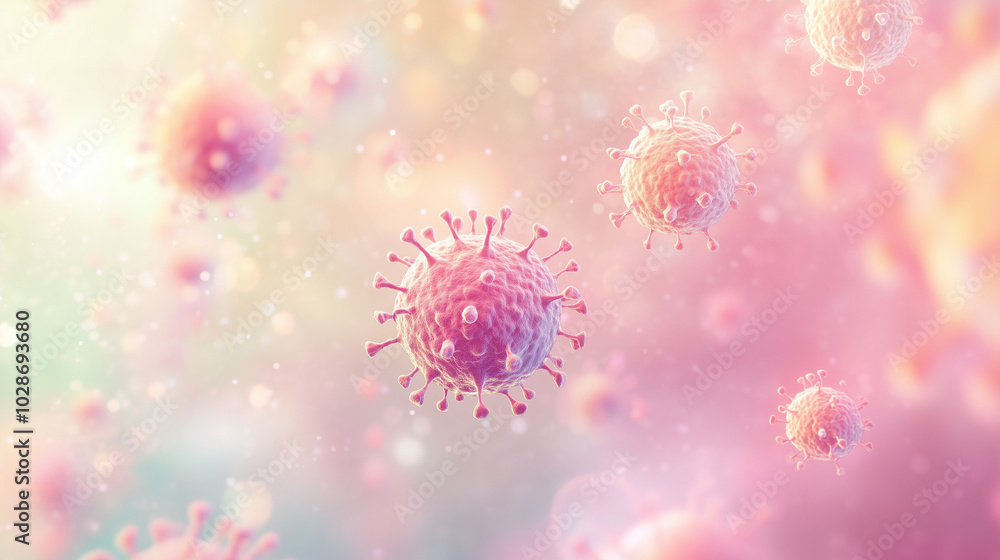 Soft pastel virus cells floating in an ethereal light-colored environment Soft pastel virus cells floating in an ethereal light-colored environment
