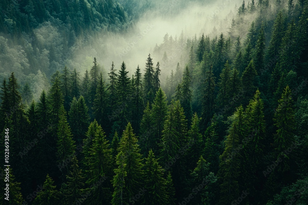 A dense forest of tall trees, with misty mountains in the background. Sunlight filters through the fog. A dense forest of tall trees, with misty mountains in the background. Sunlight filters through the fog.