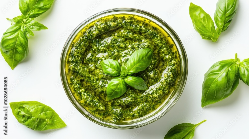 Obraz premium Fresh Basil Pesto in a Glass Bowl with Herbs