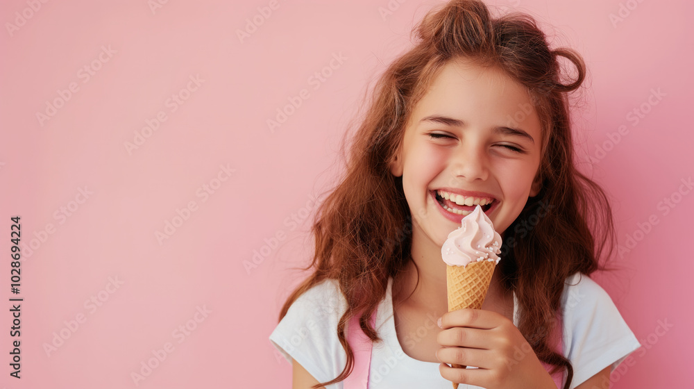 A cheerful girl enjoys ice cream while smiling against a pastel pink background on a sunny day in summer