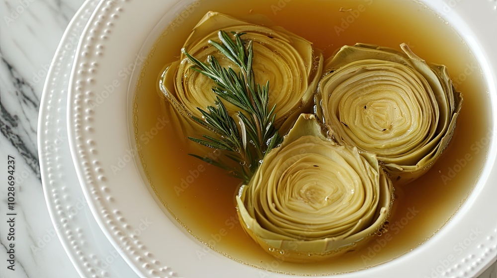 Artichoke Dish in Broth with Herb Garnish Artichoke Dish in Broth with Herb Garnish