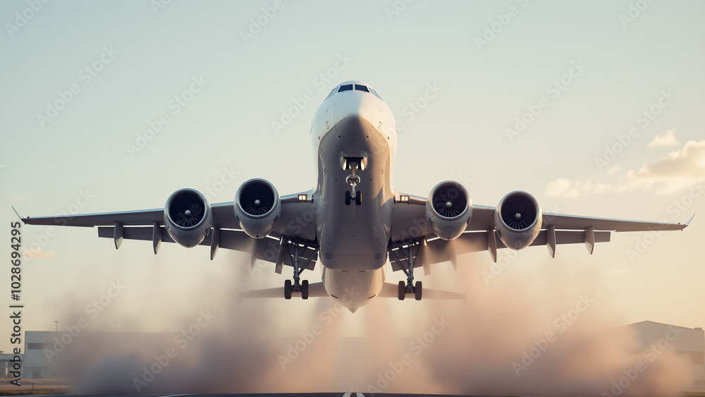 Dynamic Image Capturing a Four-Engine Jet Airplane Landing Against a Striking Wall Backdrop Dynamic Image Capturing a Four-Engine Jet Airplane Landing Against a Striking Wall Backdrop