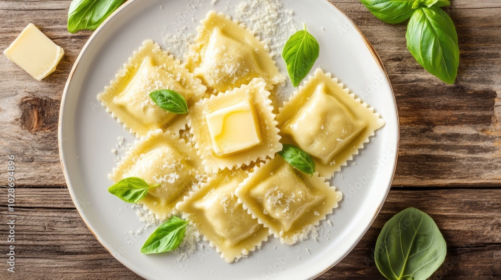 Top Down View of Ravioli with Butter and Basil Top Down View of Ravioli with Butter and Basil