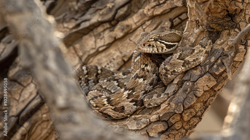 Fototapeta premium Camouflaged Snake Coiled in a Tree Trunk