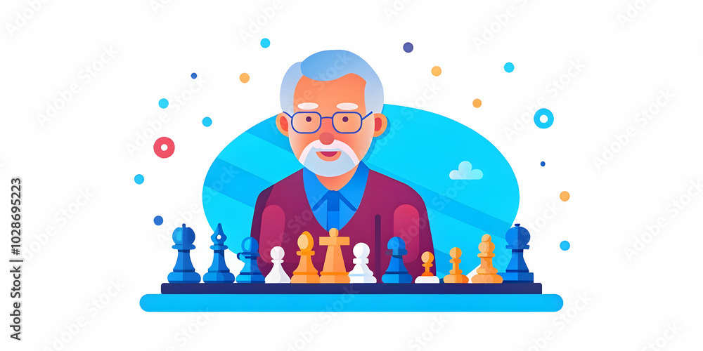Elderly Man Engaged in Chess Against a Glossy Background: Emphasizing Strategic Thinking and the Joy of Intellectual Activities with Copy Space for Creativity in Stock Photography Elderly Man Engaged in Chess Against a Glossy Background: Emphasizing Strategic Thinking and the Joy of Intellectual Activities with Copy Space for Creativity in Stock Photography