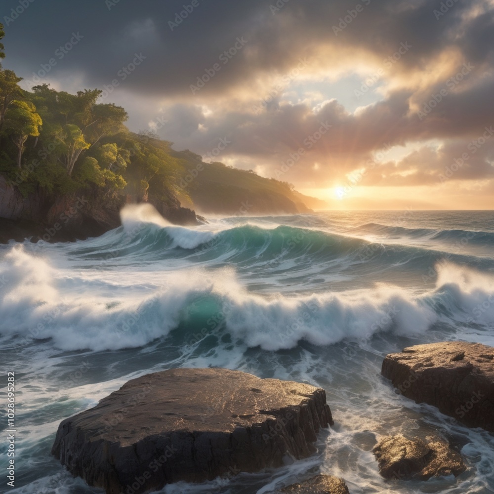 Fototapeta premium Sunrise over the turbulent sea